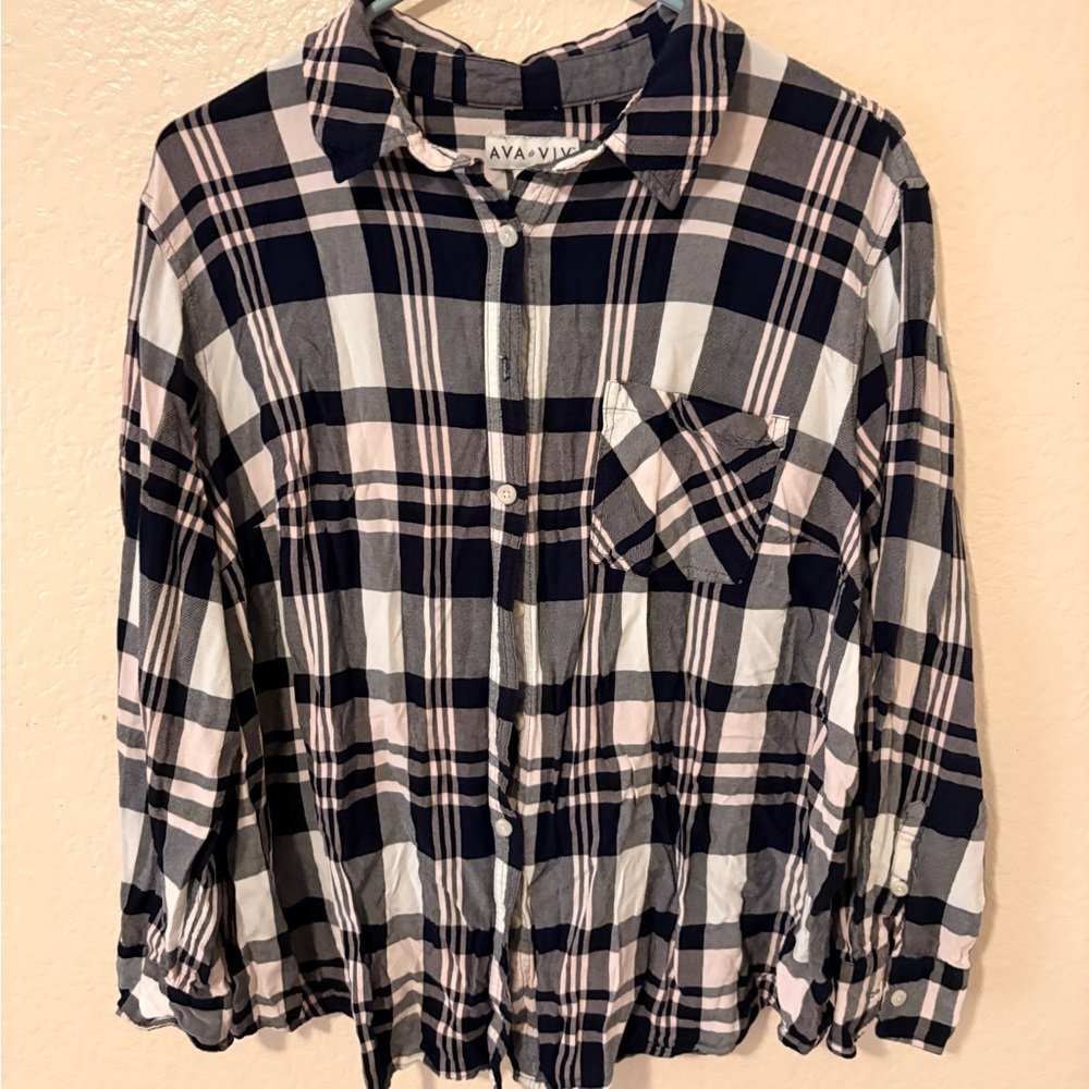 Ava & Viv Navy and White Plaid Shirt